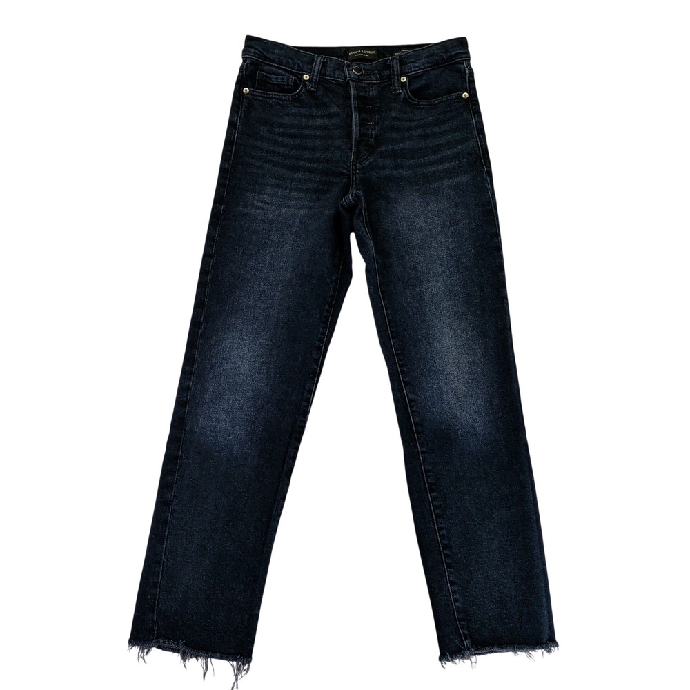 Banana Republic High-Rise Straight Jeans Dark Wash Raw Hem Button‎ Fly 442797 25